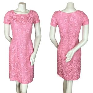 Vintage 50s 60s Lace Sheath Dress Pink Short Sleeves FLAWS Handmade Metal Zipper